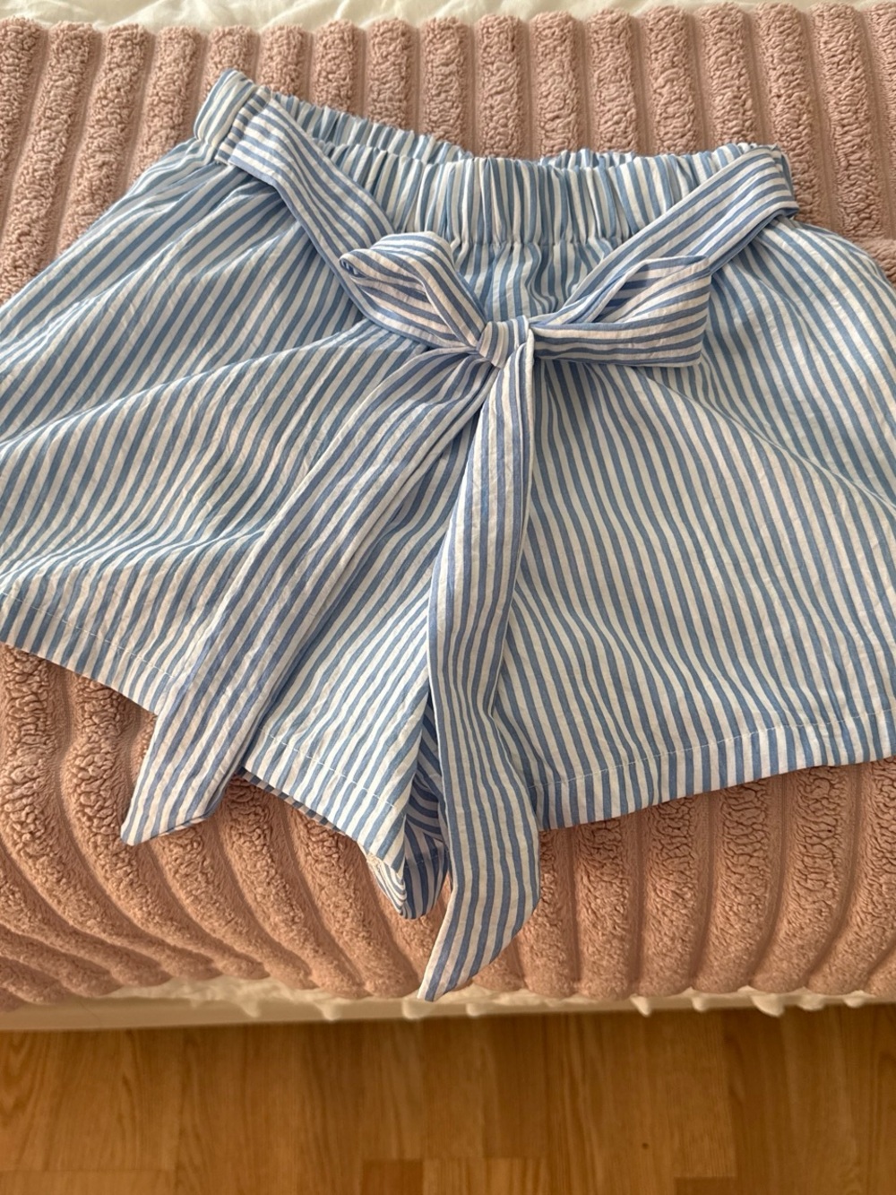 Striped Tie-Waist Shorts in Light Blue and White